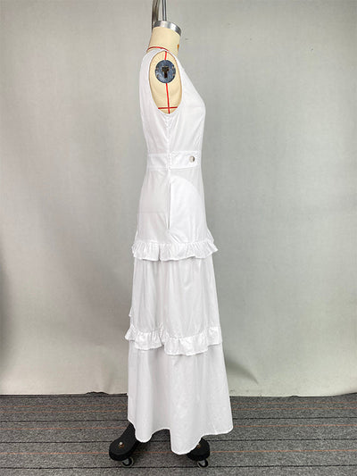 A-Line High Waisted Buttoned Pleated Pockets Solid Color Split-Joint V-Neck Maxi Dresses