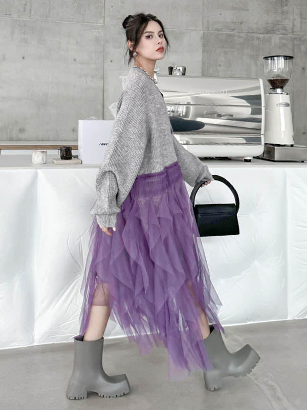 High-Low Irregularity Buttoned Contrast Color Mesh Pleated Ribs Split-Joint Collarless Cardigan Tops Outerwear