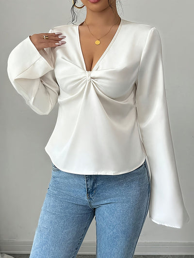 Long Sleeves Loose Pleated Solid Color Split-Joint V-Neck Blouses&Shirts Tops
