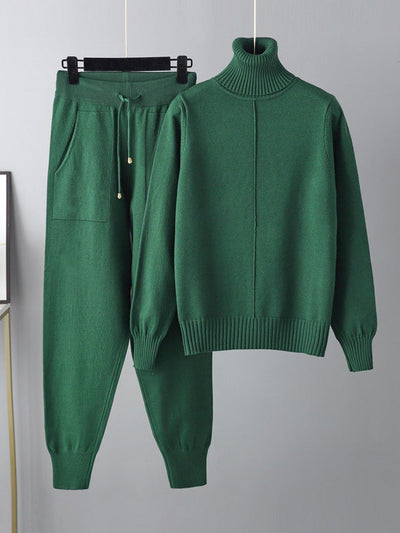 Casual Solid Long Sleeves High-Neck Sweater Tops & Drawstring Wide Leg Pants Suits