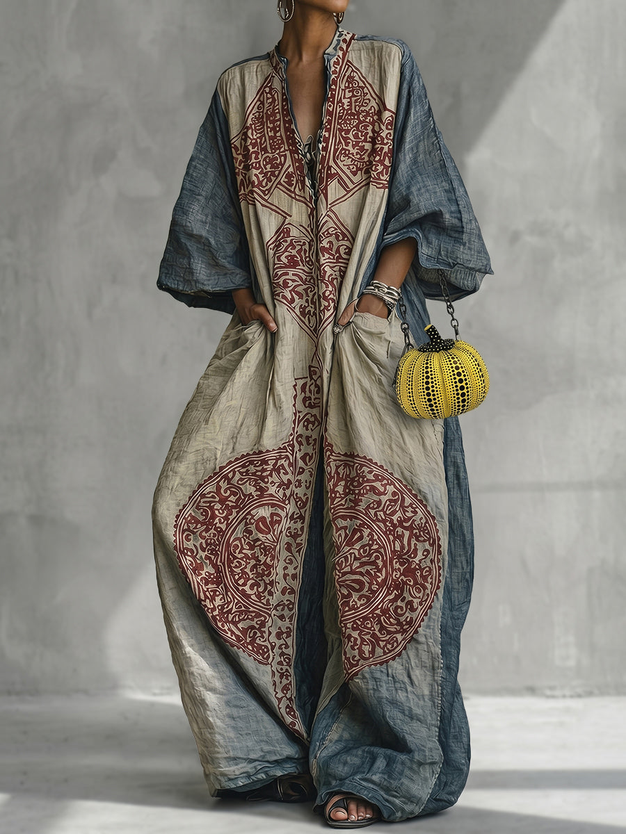 Loose Three-Quarter Sleeves Contrast Color Ethnic Printed Pockets V-Neck Jumpsuits