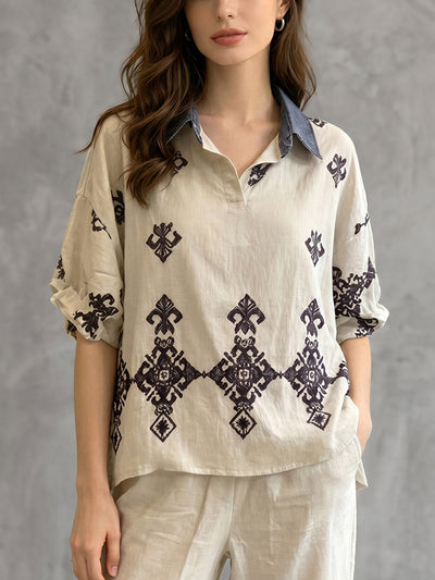 Half Sleeves Loose Buttoned Embroidered Printed Split-Joint Lapel Blouses&Shirts Tops