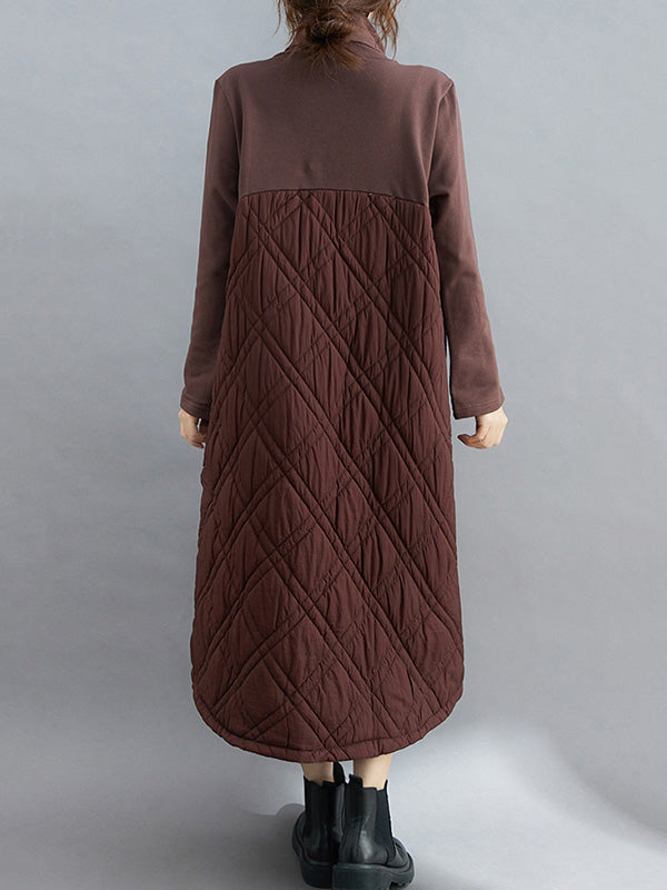 Simple Split-Joint High-Neck H-Line Quilted Midi Dress