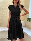 A-Line Loose Pleated Solid Color Tied Waist Round-Neck Midi Dresses