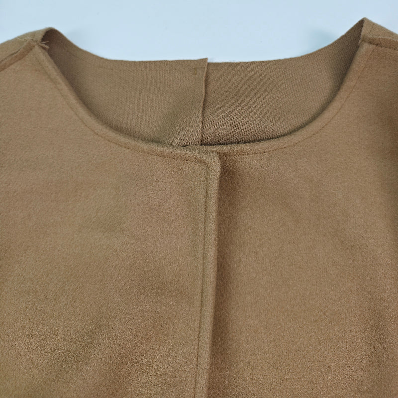 Long Sleeves Loose Solid Color Collarless Woolen Coat