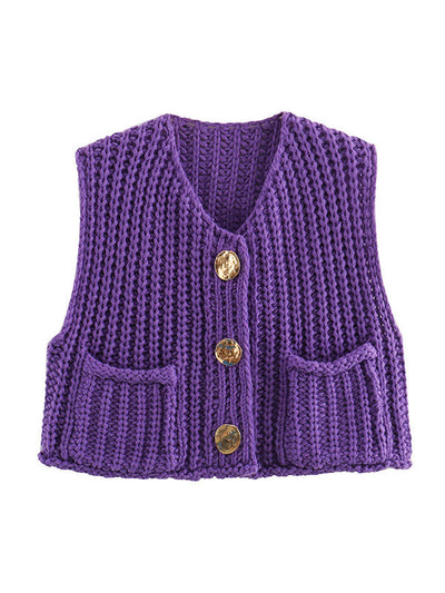 Loose Sleeveless Buttoned Pockets V-Neck Vest Outerwear