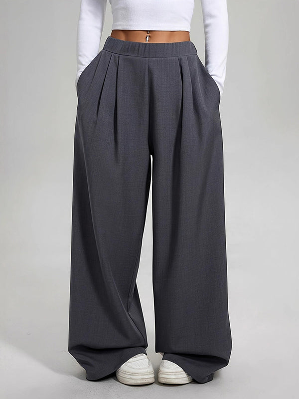 High Waisted Loose Pleated Pockets Solid Color Pants Trousers
