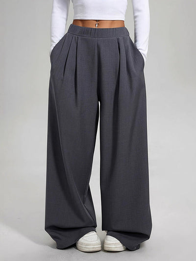 High Waisted Loose Pleated Pockets Solid Color Pants Trousers