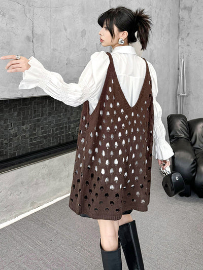 Loose Sleeveless Hollow Solid Color V-Neck Vest Top