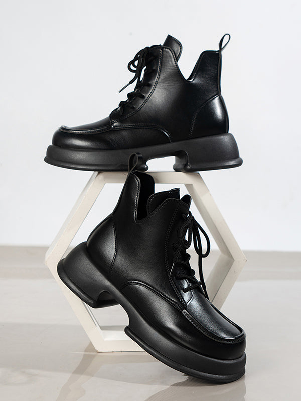 Lace-Up Round-Toe Solid Color Split-Joint Boots