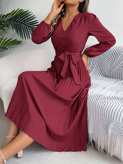 High Waisted Long Sleeves Belted Buttoned Pleated Solid Color V-Neck Maxi Dresses
