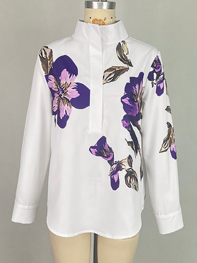 Long Sleeves Loose Flower Print Stand Collar Blouses&Shirts Tops