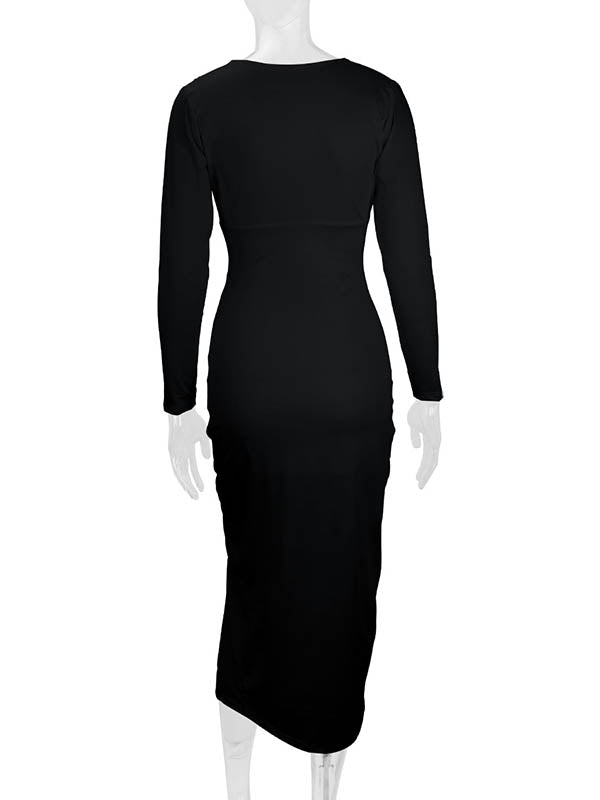 Bodycon Elasticated Waist Pleated Solid Color Split-Joint Split-Side Deep V-Neck Midi Dresses