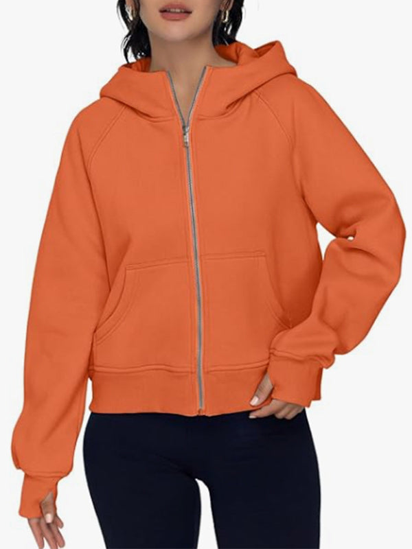 Hooded Long Sleeves Pockets Solid Color Zipper Jackets Outerwear