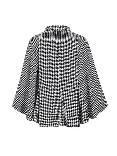 Batwing Sleeves Long Sleeves Houndstooth Tied Waist Stand Collar Cape Outerwear
