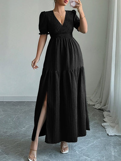 Half Sleeves High Waisted Pleated Solid Color Split-Front V-Neck Maxi Dresses