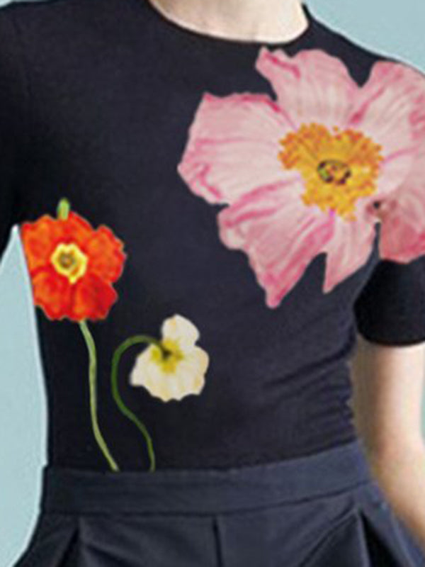 Short Sleeves Skinny Floral Printed Split-Joint Round-Neck T-Shirts