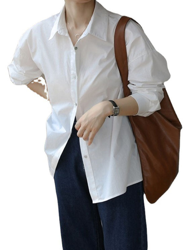 Long Sleeves Loose Buttoned Solid Color Lapel Blouses&Shirts Tops