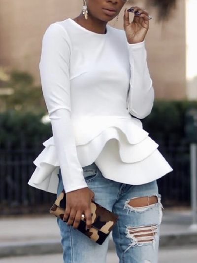 Elegant White Long Sleeve Peplum Top With Layered Ruffle Hem
