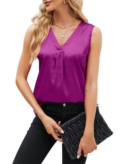 Loose Sleeveless Pleated Solid Color Split-Joint V-Neck Vest Top
