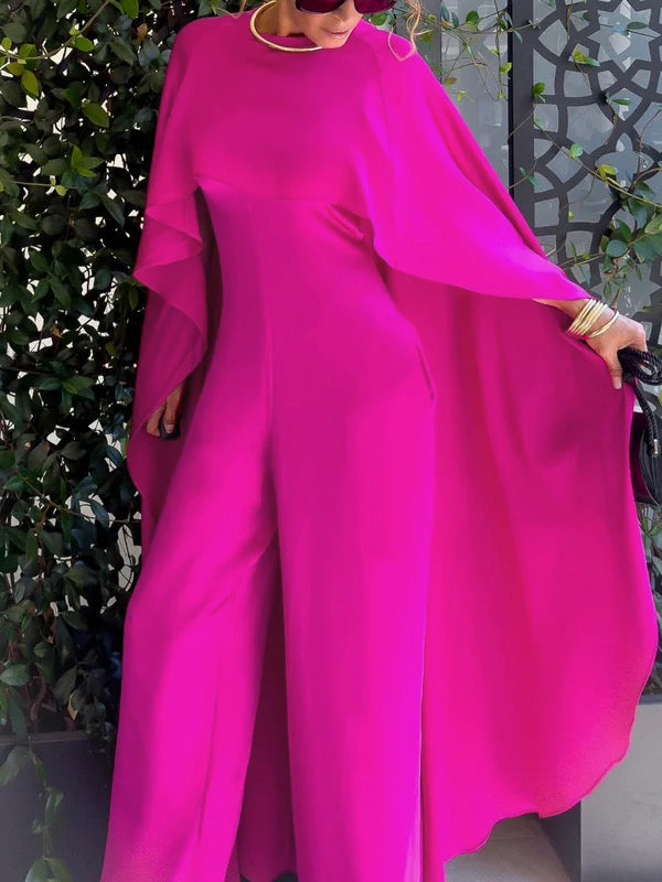 Cape Loose Pockets Solid Color Round-Neck Jumpsuits