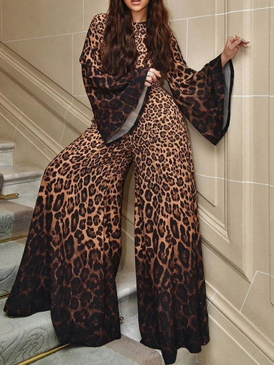 Flared Sleeves Long Sleeves Leopard Printed Round-Neck Jumpsuits