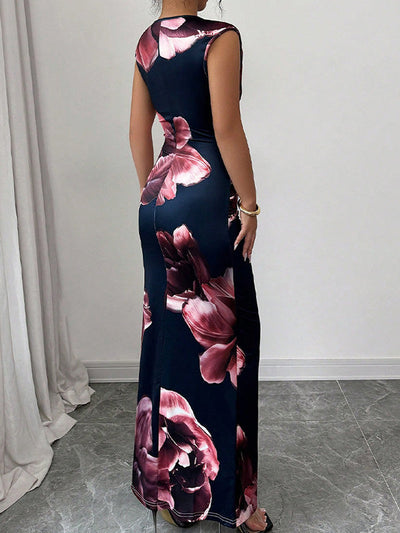 Bodycon Sleeveless Contrast Color Flower Print Round-Neck Maxi Dresses