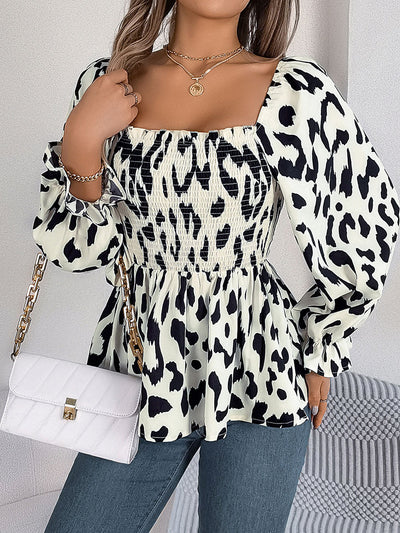 Long Sleeves Puff Sleeves Leopard Pleated Ruffled Square-Neck T-Shirts Tops