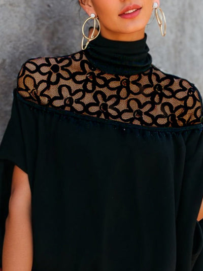 Embroidered See-Through Solid Color Split-Joint High Neck T-Shirts Tops
