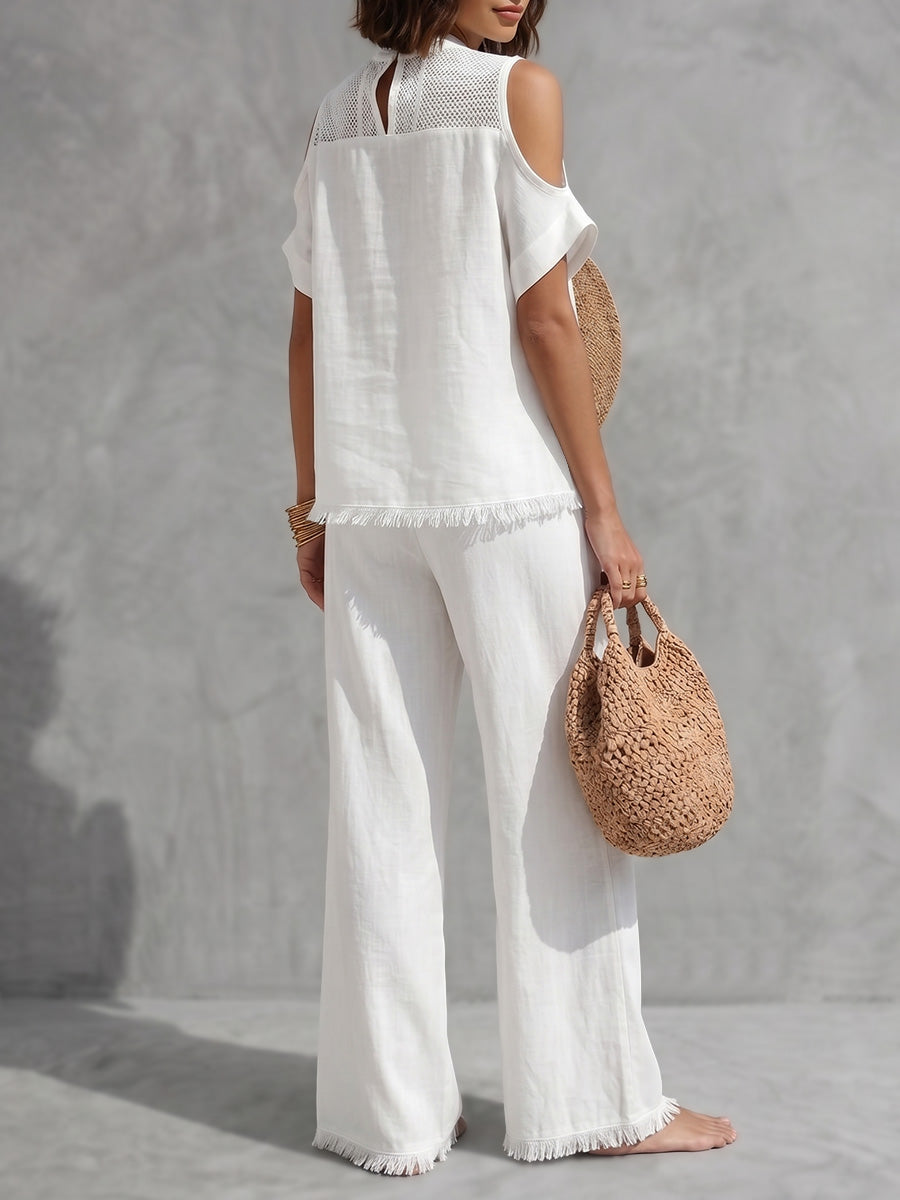 Fringed Cold Shoulder Half-Zip Solid Color Short Sleeve Blouses&Shirts Tops +  Pants Bottoms Trousers Two Pieces Set