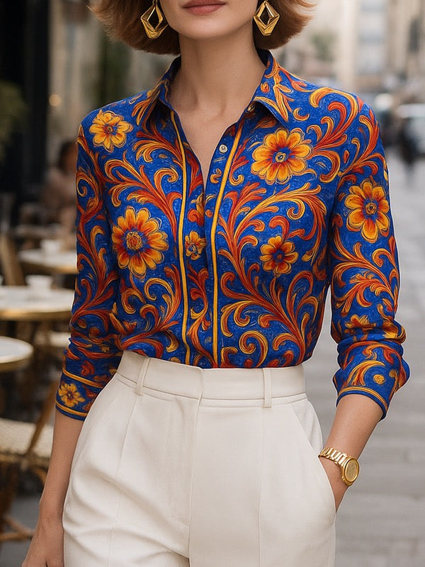 Long Sleeves Buttoned Flower Print Lapel Blouses&Shirts Tops