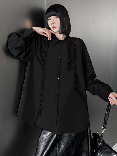 Hipster Long Sleeves Buttoned Falbala Ruffled Solid Color Split-Joint Lapel Blouses&Shirts Tops