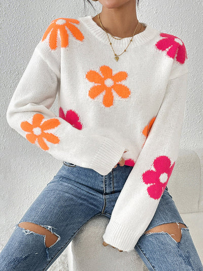 Long Sleeves Loose Contrast Color Flower Print Round-Neck Sweater Tops