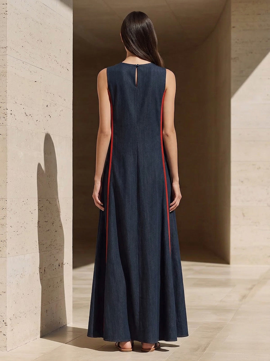 A-line Loose Contrast Color Pockets Split-Joint Round-neck Maxi Dresses