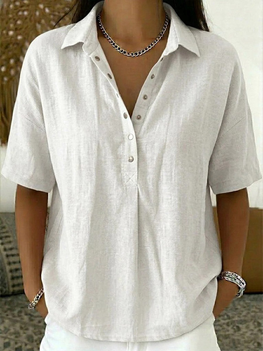 Half Sleeves Loose Buttoned Solid Color Lapel Blouses&Shirts Tops