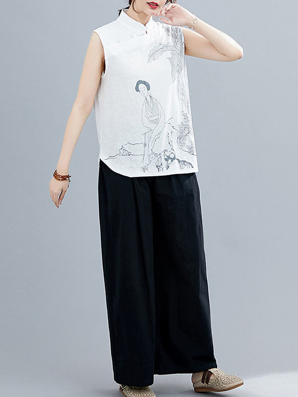 Artistic Retro Chinese-Style Printed Buttoned Stand Collar Sleeveless Vest
