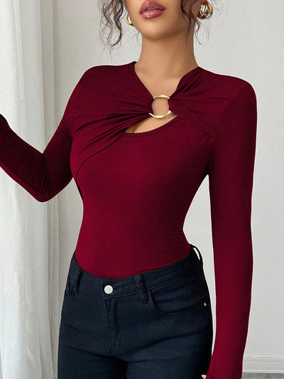 Long Sleeves Skinny Solid Color Split-Joint Asymmetric Collar T-Shirts