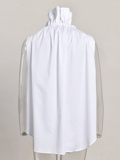 Loose Sleeveless Buttoned Drawstring Pleated Solid Color Stand Collar Vest Top