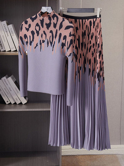 Long Sleeves Printed Mock Neck T-Shirt Top + Pleated A-Line Skirts Bottom Two Pieces Set