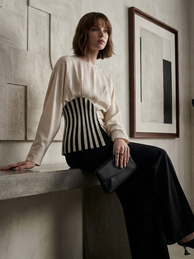 Irregularity Long Sleeves Asymmetric Pleated Split-Joint Striped Zipper Round-Neck Blouses&Shirts Tops
