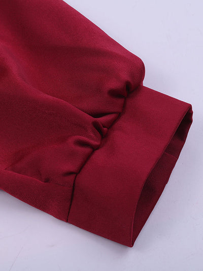 Loose Puff Sleeves Pleated Solid Color Split-Joint Stand Collar Blouses