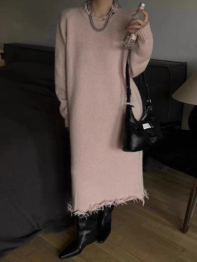 High Waisted Long Sleeves Fringed Solid Color Round-Neck Midi Dresses Sweater Dresses