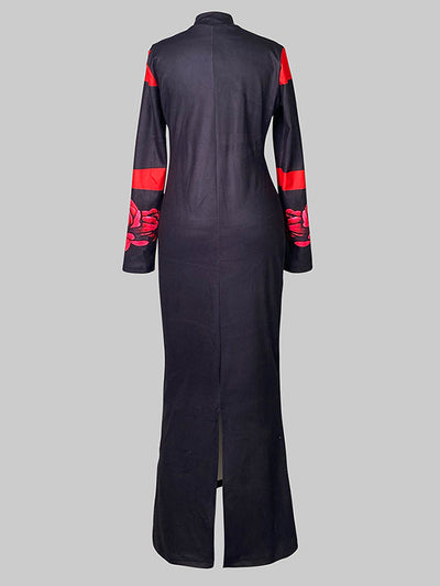 Bodycon Long Sleeves Flower Print High Neck Midi Dresses