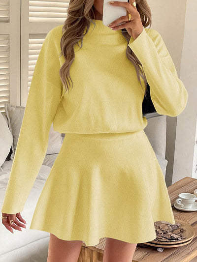 A-line High Waisted Elasticity Solid Color Round-neck Mini Dresses Sweater Dresses