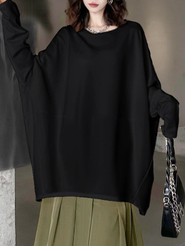 Batwing Sleeves Long Sleeves Solid Color Round-neck T-Shirts Tops