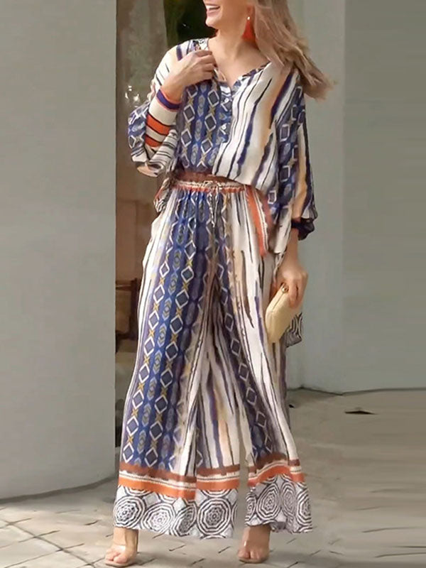Long Sleeves Loose Printed Lapel Blouses Tops + Drawstring Pockets Pants Bottom Two Pieces Set