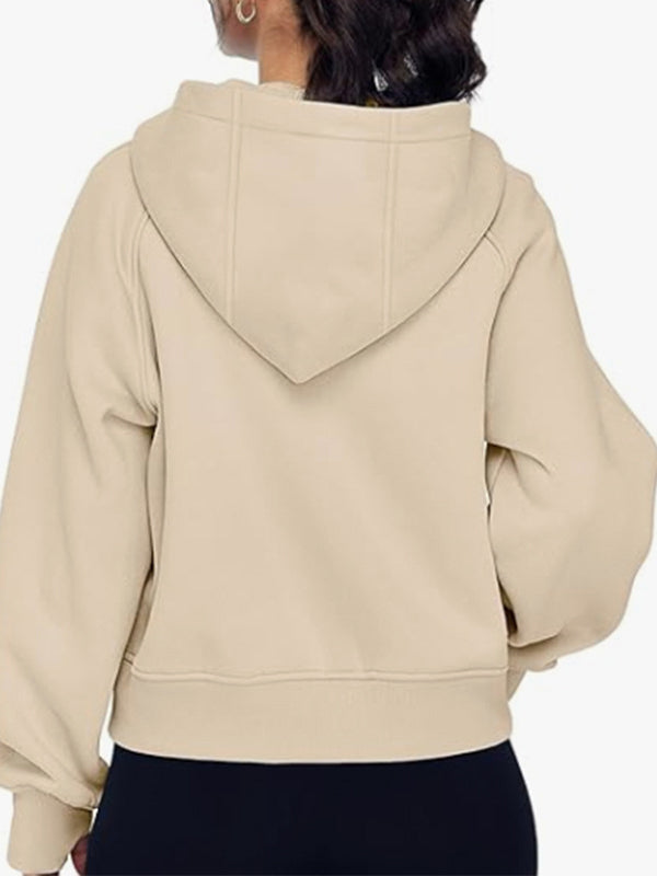 Hooded Long Sleeves Pockets Solid Color Zipper Jackets Outerwear