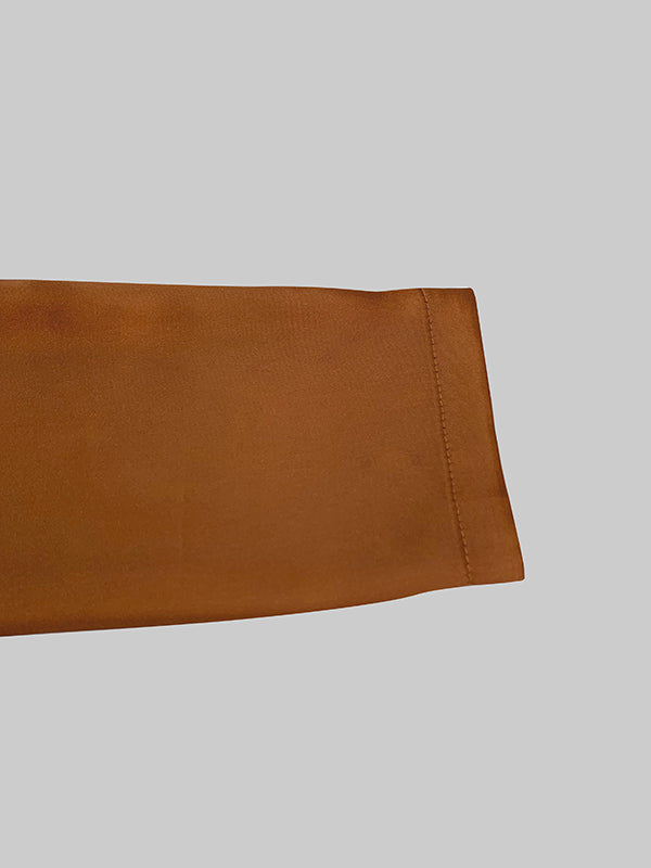 Long Sleeves Loose Pleated Shiny Solid Color Split-Joint Tied Waist High Neck Evening Dresses Maxi Dresses