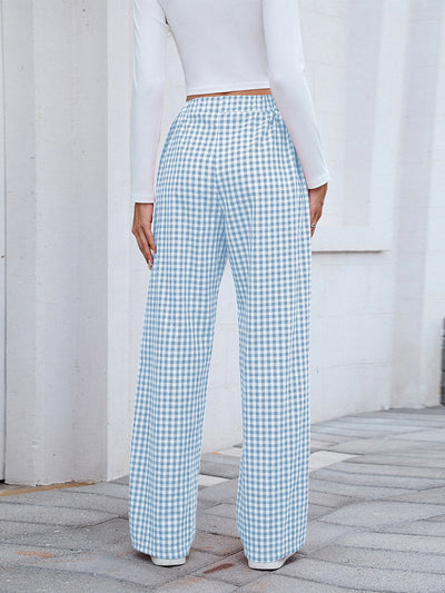 Elasticated Waist High Waisted Contrast Color Plaid Pockets Split-Joint Pants Trousers
