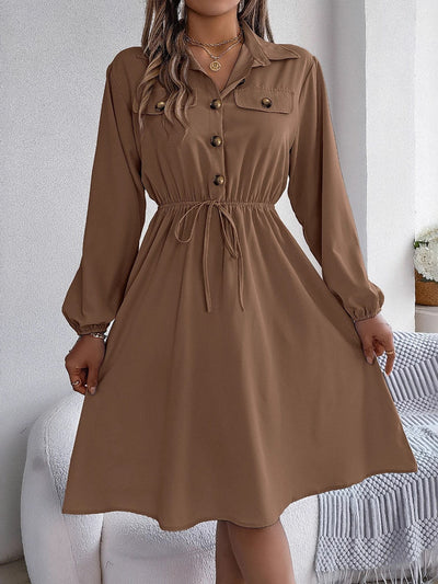 A-line Long Sleeves Buttoned Pleated Solid Color Tied Lapel Midi Dresses Shirt Dress